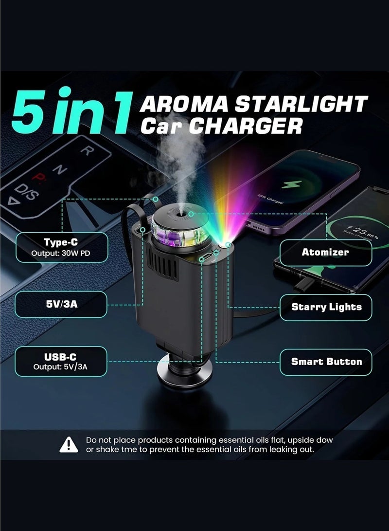 vexa pro 5 in 1 Star Light Car Charger 45W | PD 30W USB-C Fast Charge with Aromatherapy & Retractable Cable - Image 3